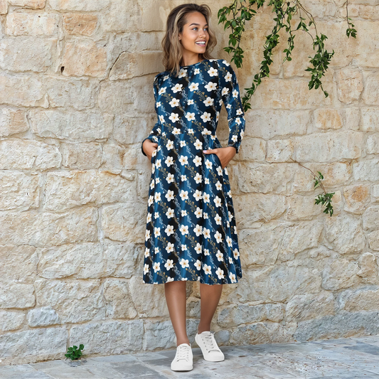 Midnight Blossom Floral Midi Dress with Pockets