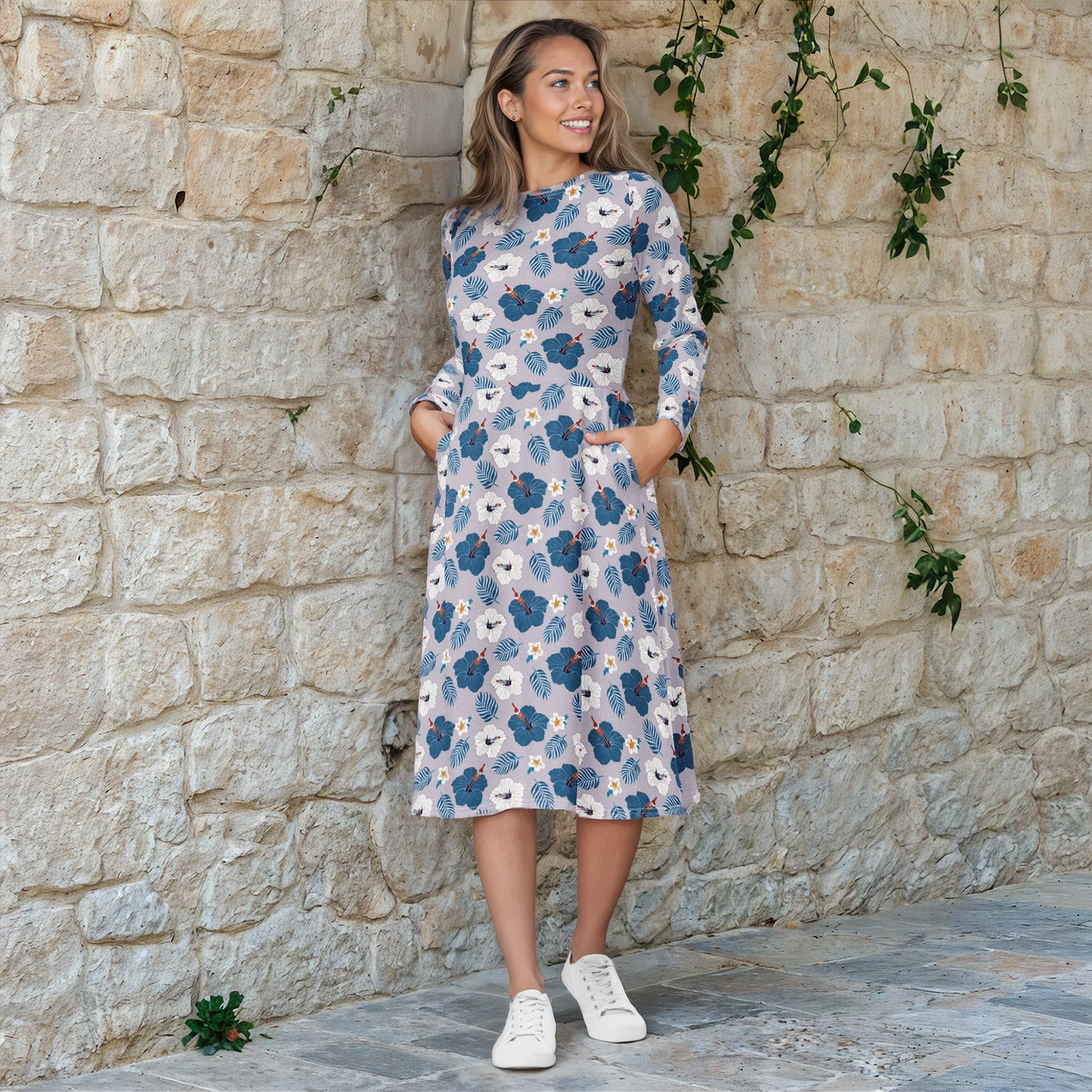 Aloha Haze Floral Midi Dress with Pockets