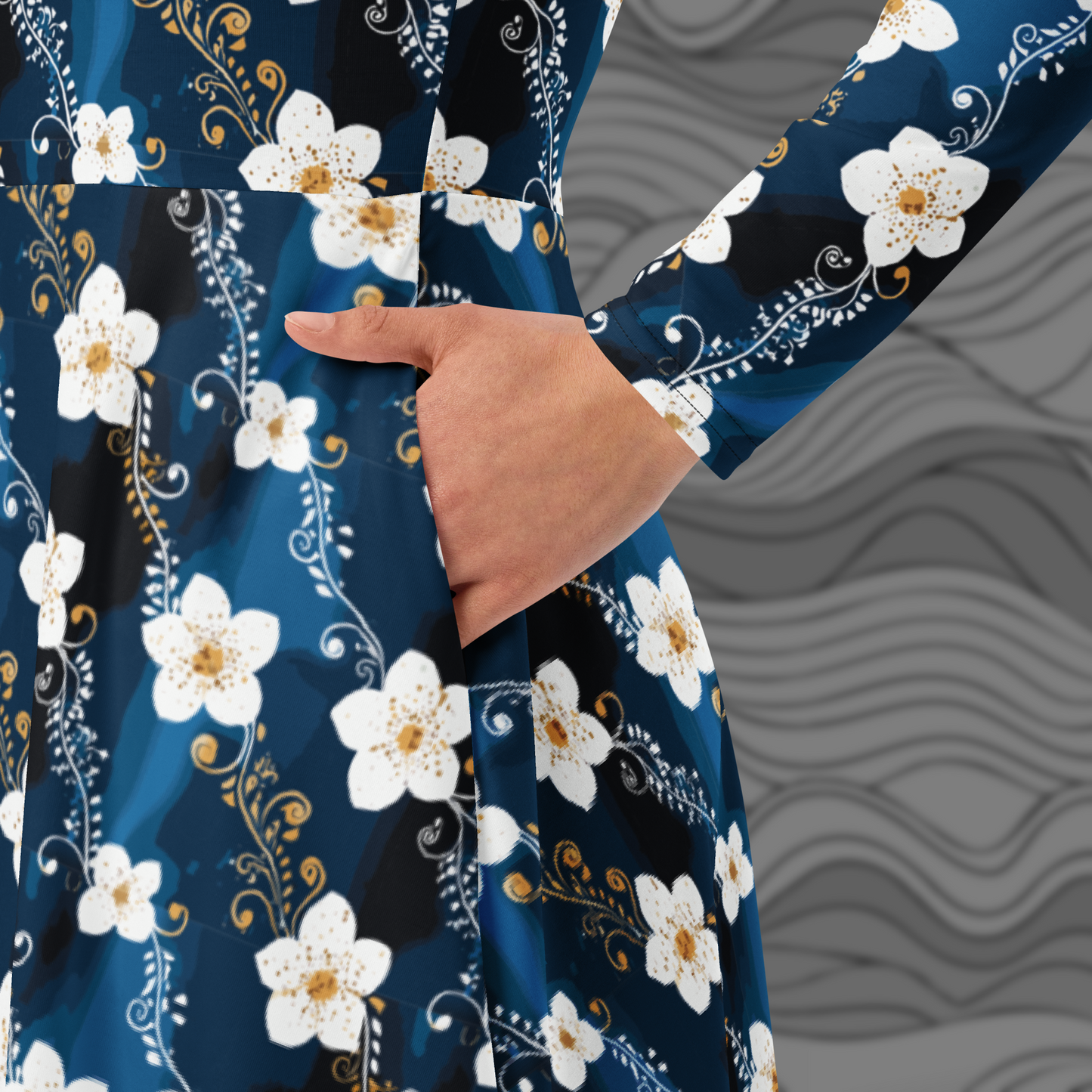 Midnight Blossom Floral Midi Dress with Pockets