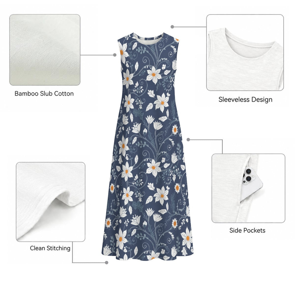 All-Over Print Women's Sleeveless Dress With Pocket|140GSM Slub Cotton