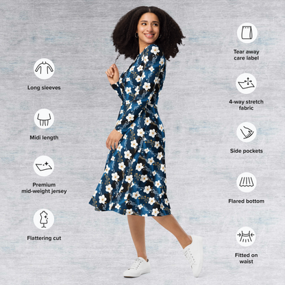 Midnight Blossom Floral Midi Dress with Pockets