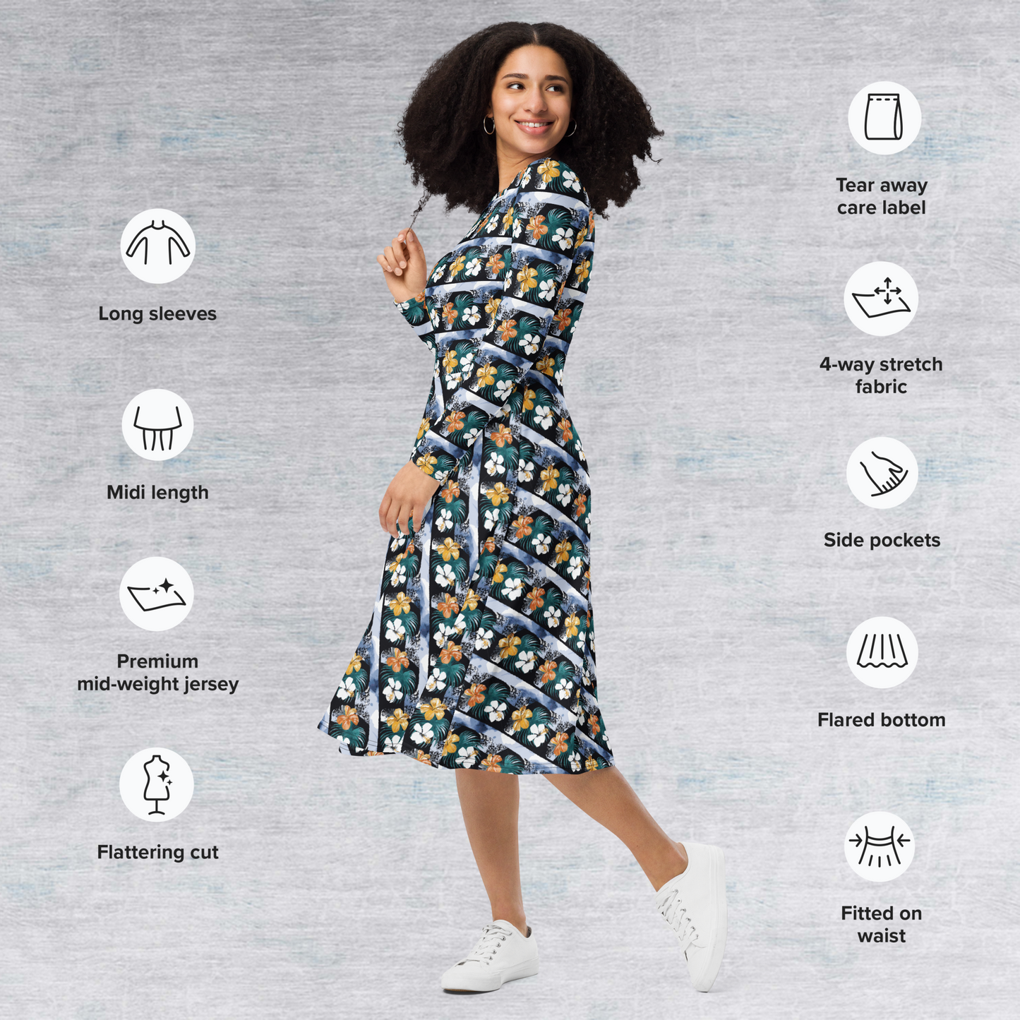 Floral Driftline Long Sleeve Midi Dress