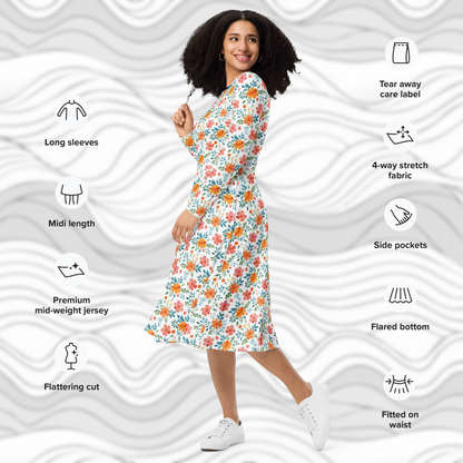 Tropical Blush Floral Midi Dress with Pockets