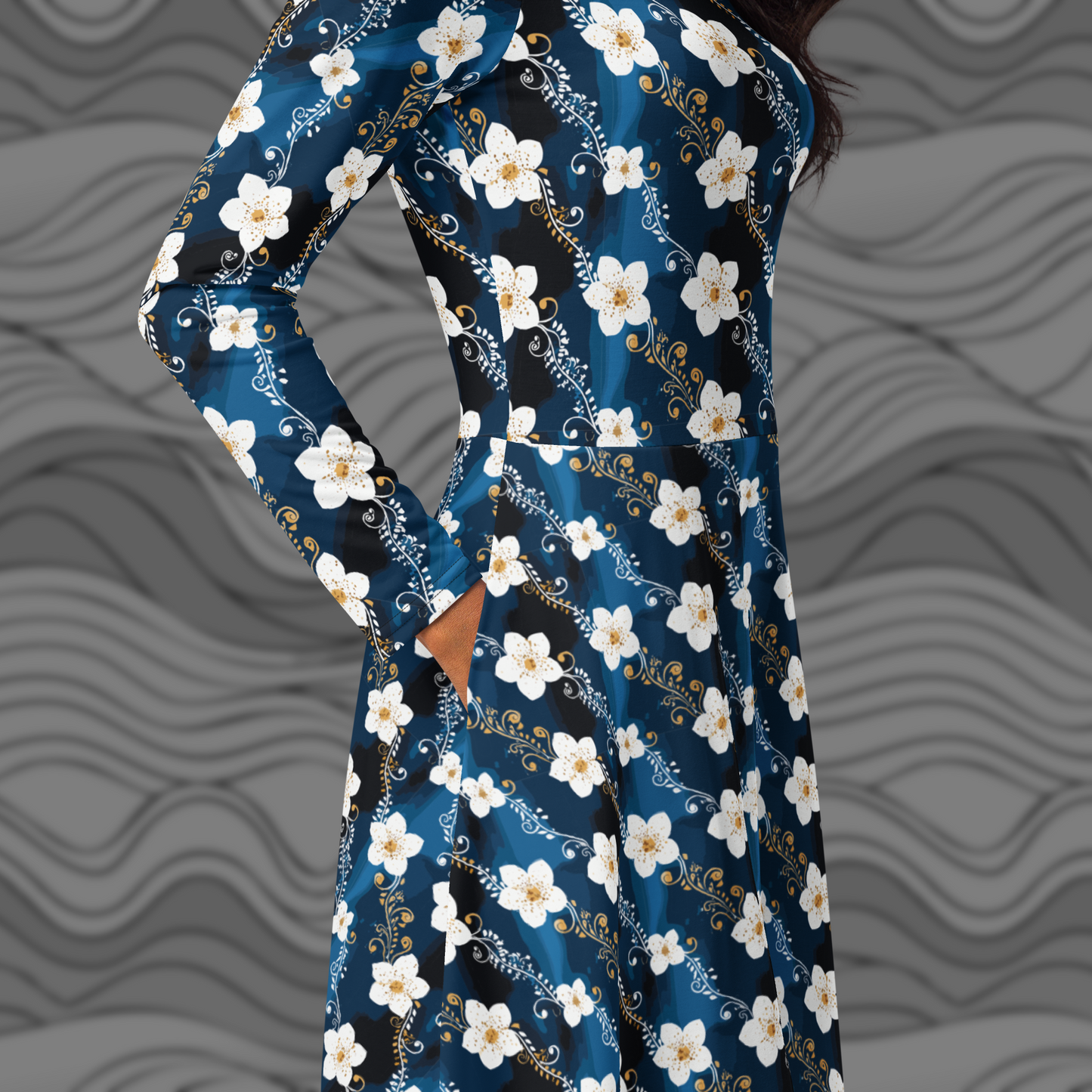 Midnight Blossom Floral Midi Dress with Pockets