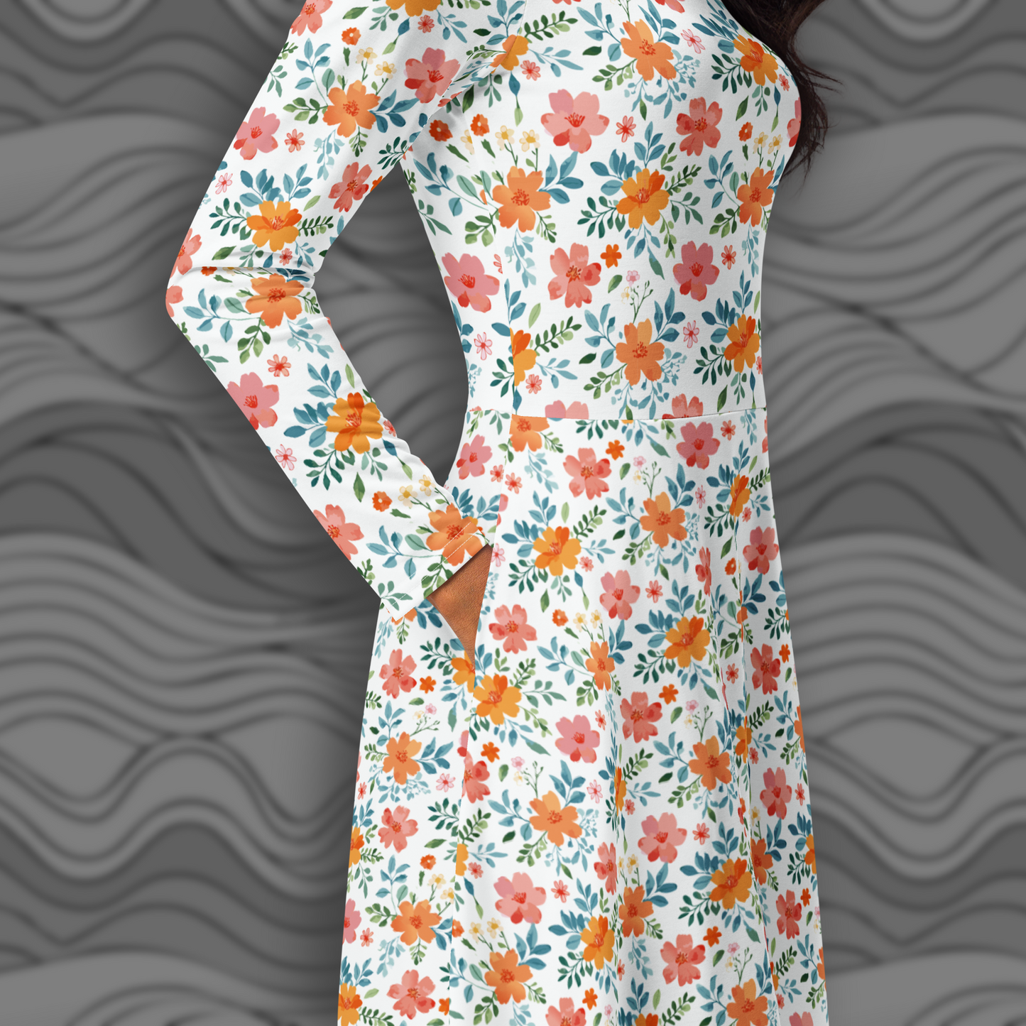 Tropical Blush Floral Midi Dress with Pockets