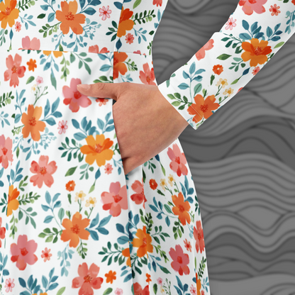 Tropical Blush Floral Midi Dress with Pockets