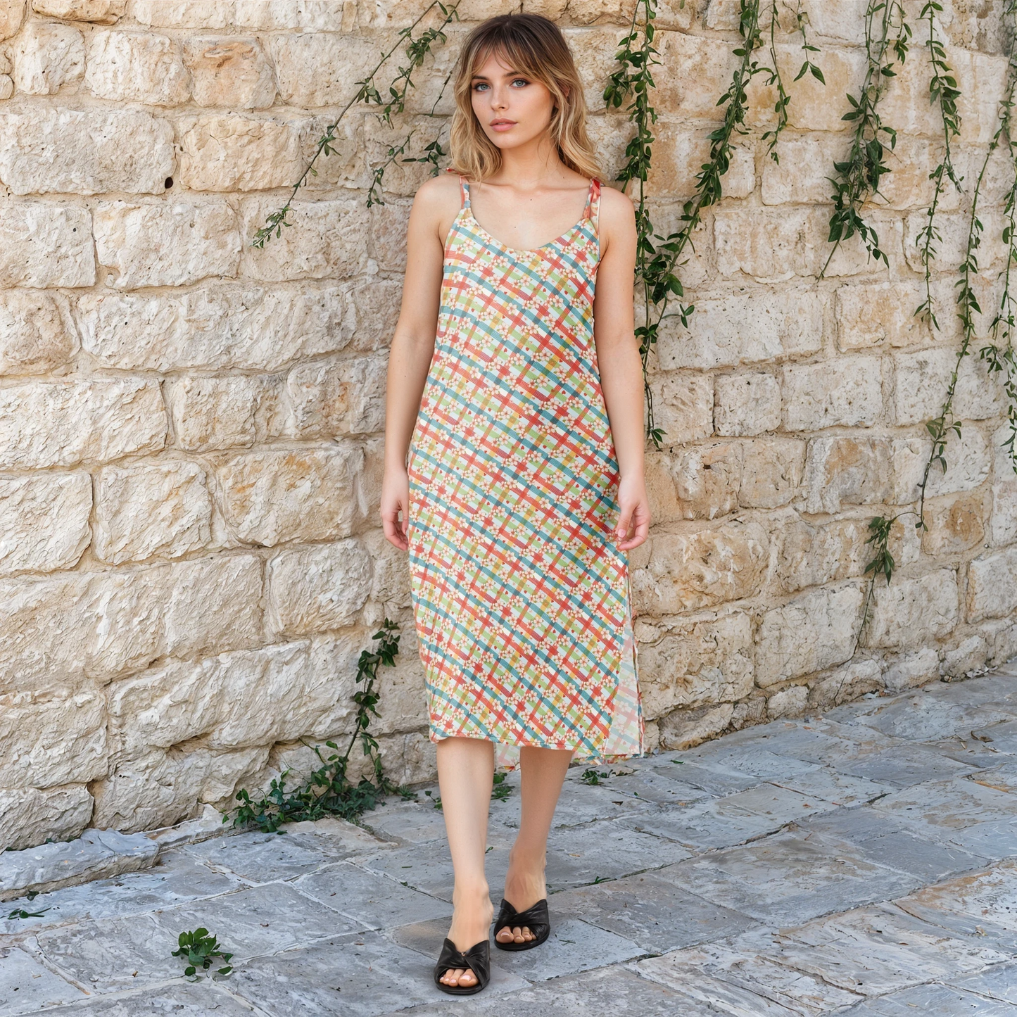 Plaid Petals Midi Midi Dress