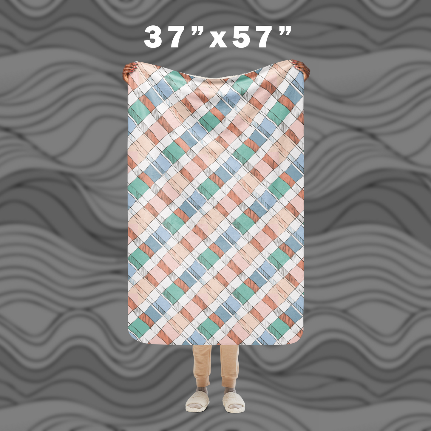 Plaid Sherpa Blanket – Cozy Blue Green Peach Throw for Home Decor