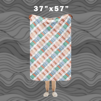 Plaid Sherpa Blanket – Cozy Blue Green Peach Throw for Home Decor