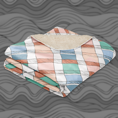 Plaid Sherpa Blanket – Cozy Blue Green Peach Throw for Home Decor