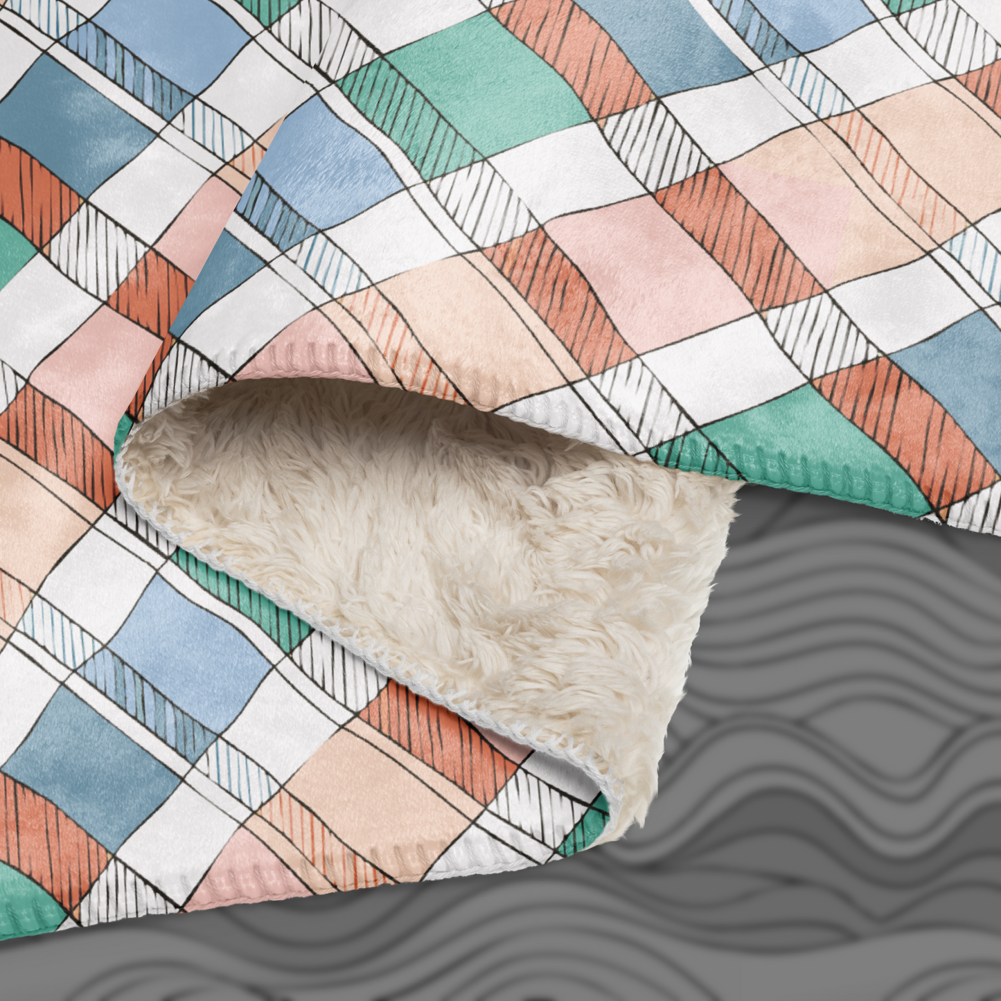 Plaid Sherpa Blanket – Cozy Blue Green Peach Throw for Home Decor
