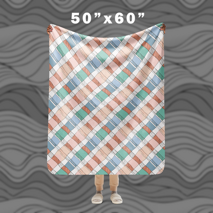 Plaid Sherpa Blanket – Cozy Blue Green Peach Throw for Home Decor