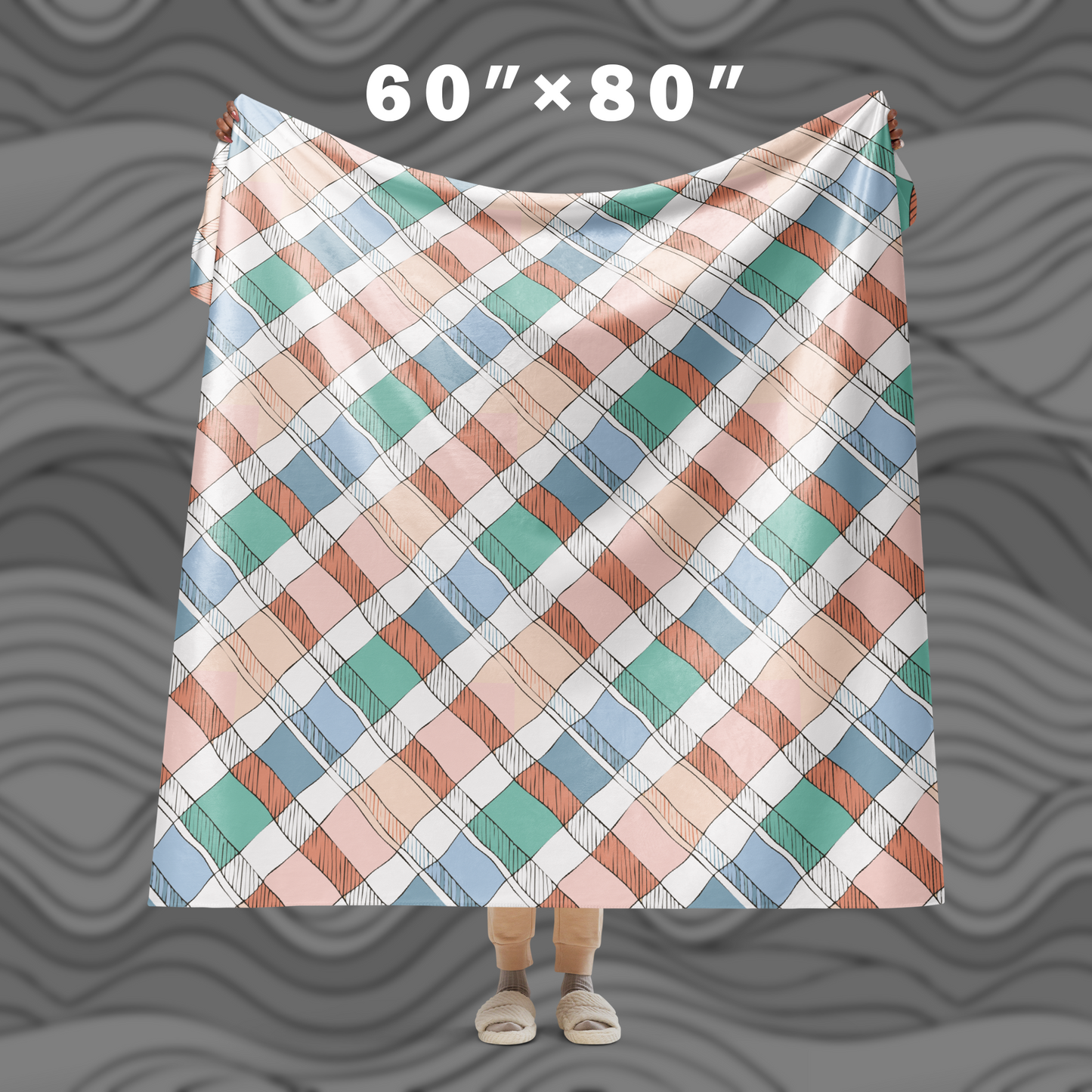 Plaid Sherpa Blanket – Cozy Blue Green Peach Throw for Home Decor